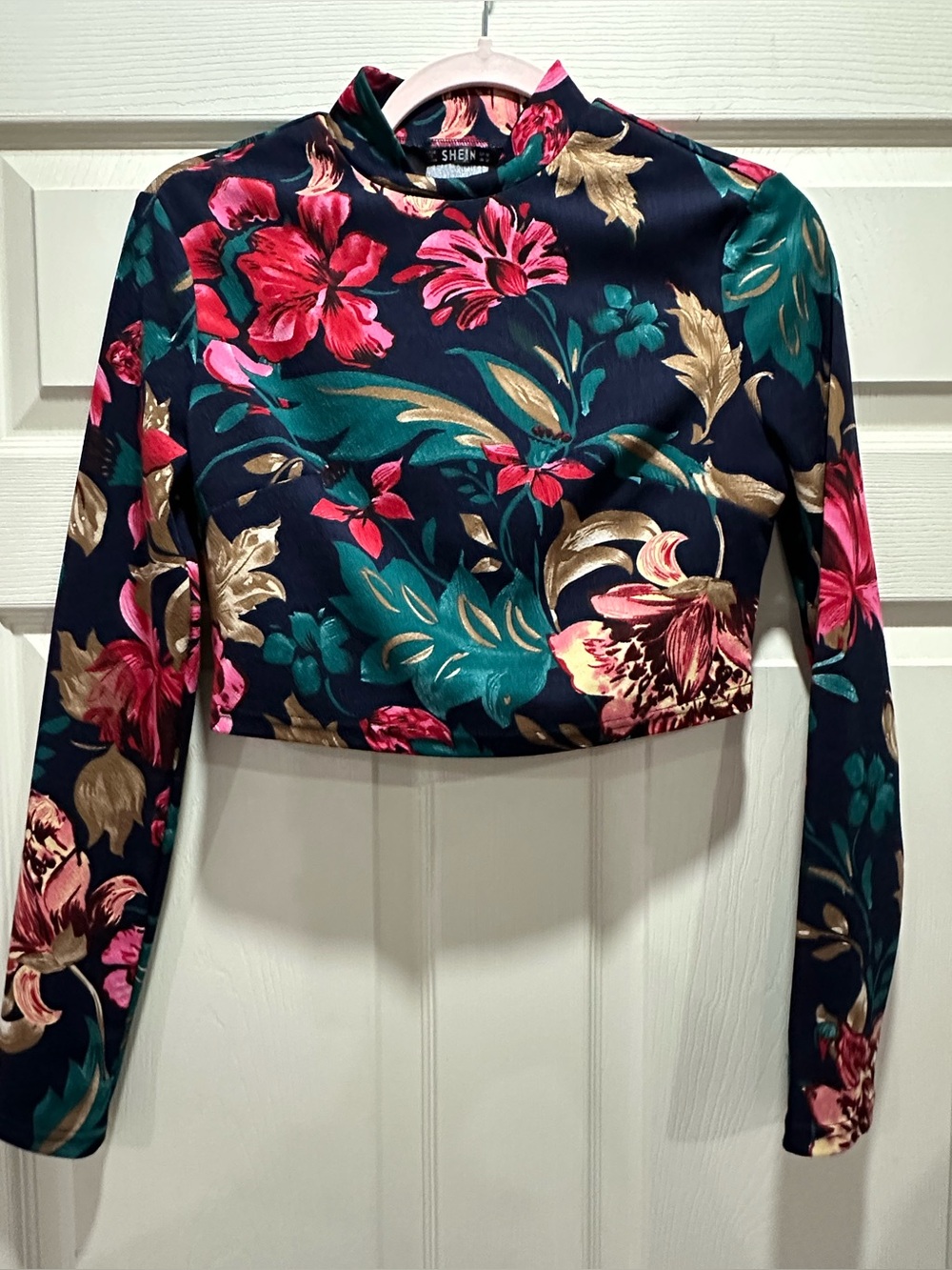 SHEIN Navy Floral Mock-Neck Long Sleeve Crop Top - Pink, Teal & Gold Accents